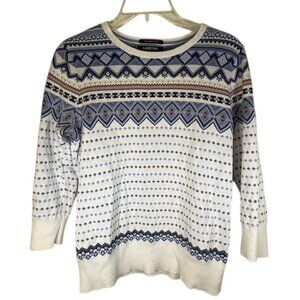 Lands End Supima Cotton White Navy and Tan Print 3/4 Sleeve Sweater- Size Small